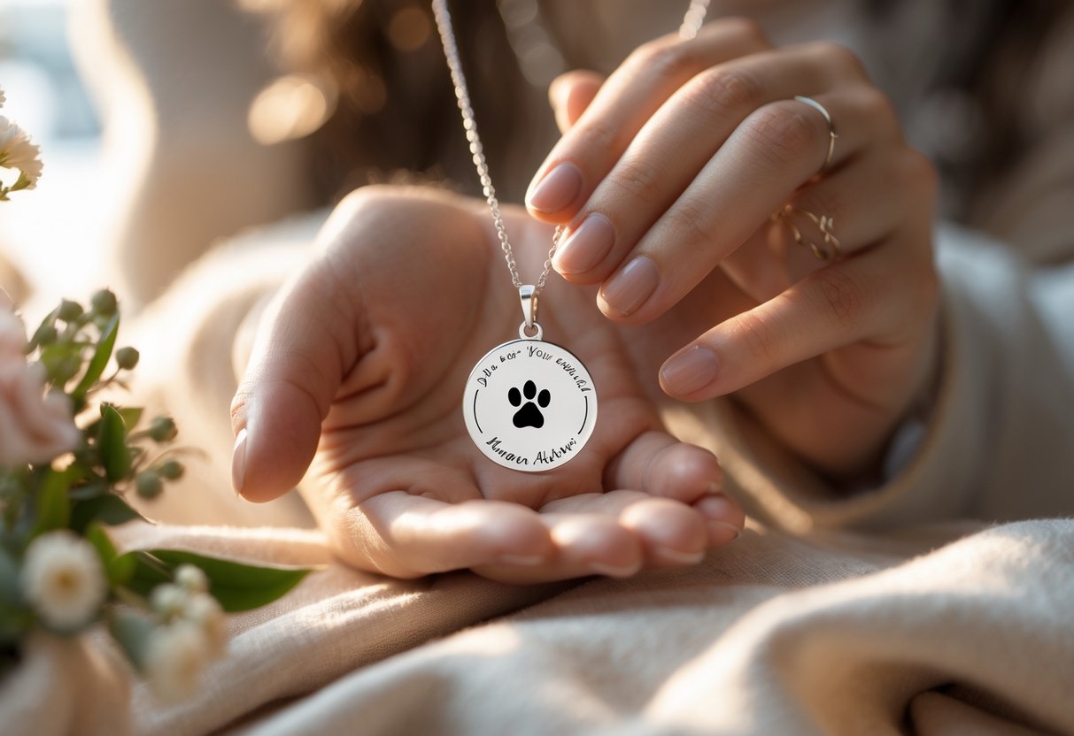A person holding an engraved necklace with a paw print and animal silhouette in a warm, softly lit setting.
