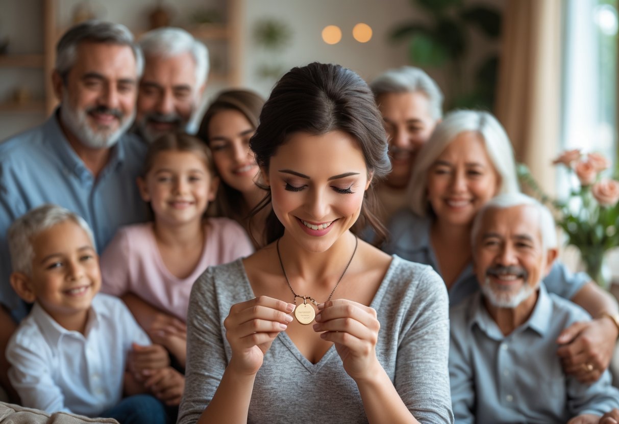 A woman holding an engraved necklace while family members smile and celebrate together in a cozy living room.