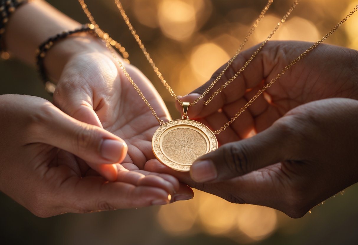 Two hands holding an engraved necklace in a warm, intimate setting.