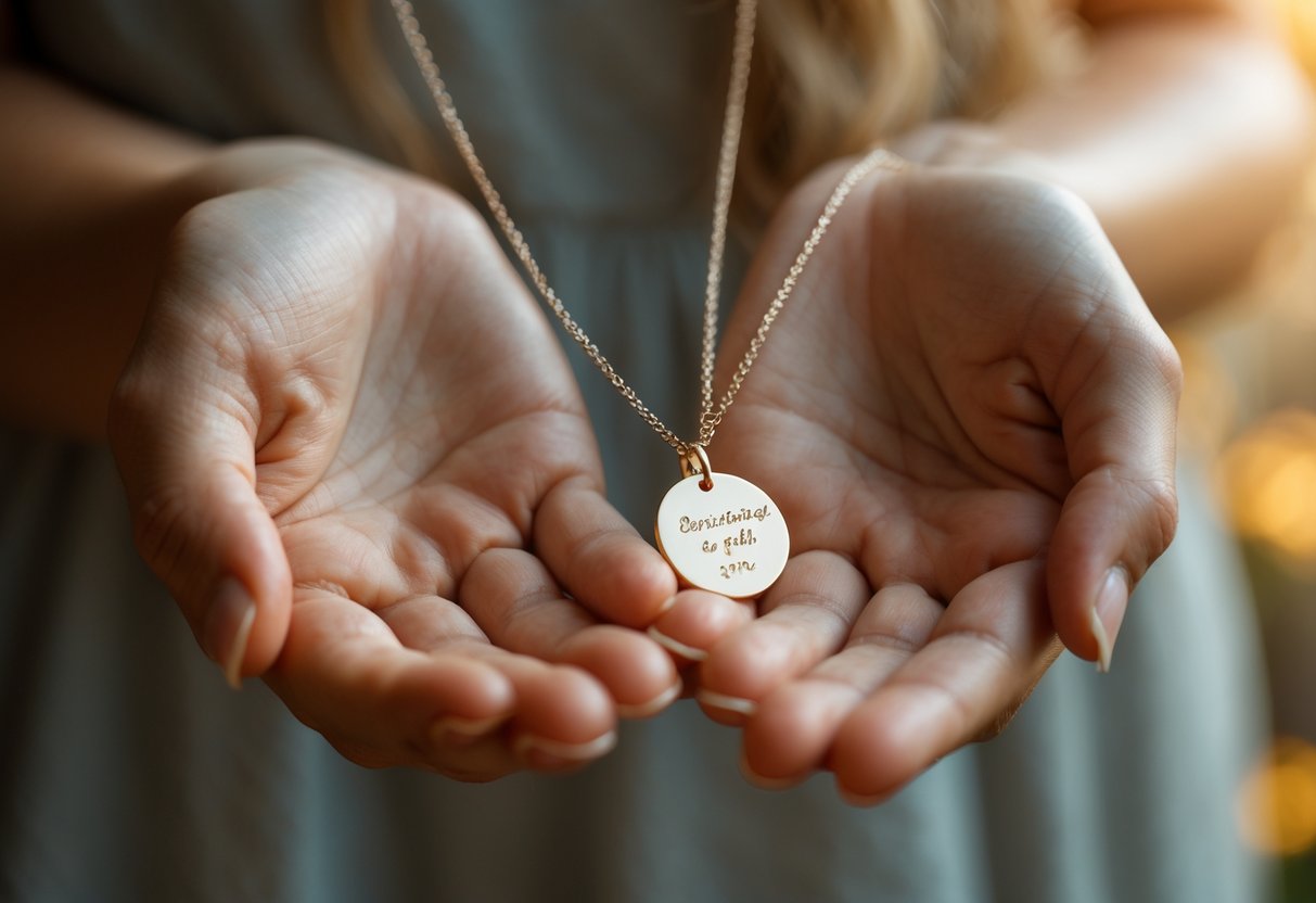 Two hands gently holding an engraved necklace with a softly blurred warm background suggesting a meaningful moment.