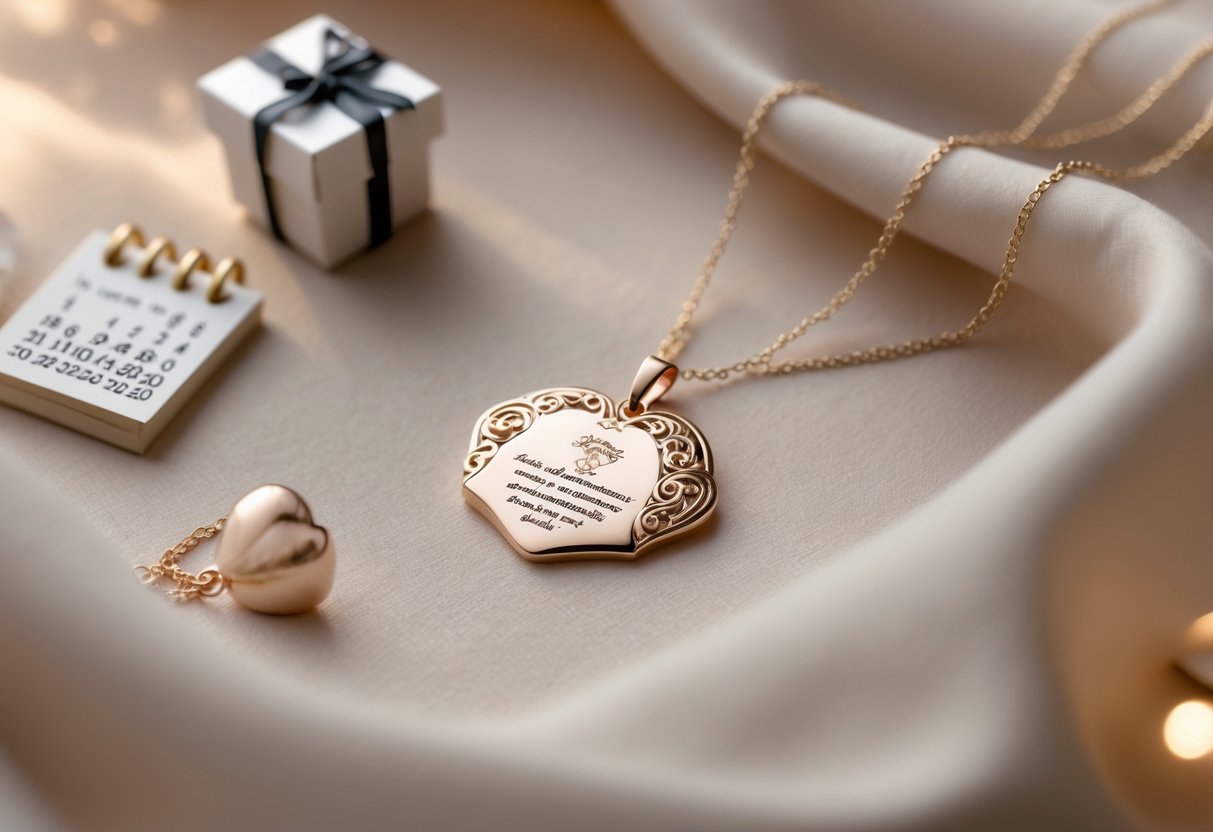 Close-up of an engraved necklace pendant resting on soft fabric with small props like a calendar and gift box nearby.