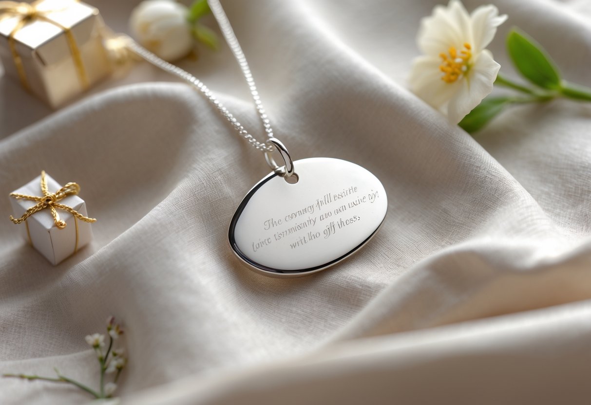 Close-up of an engraved silver necklace placed on soft fabric with a small gift box, a flower, and a handwritten note nearby.