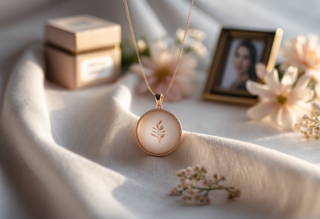 Close-up of an engraved necklace pendant resting on fabric with keepsake items and flowers in the background.