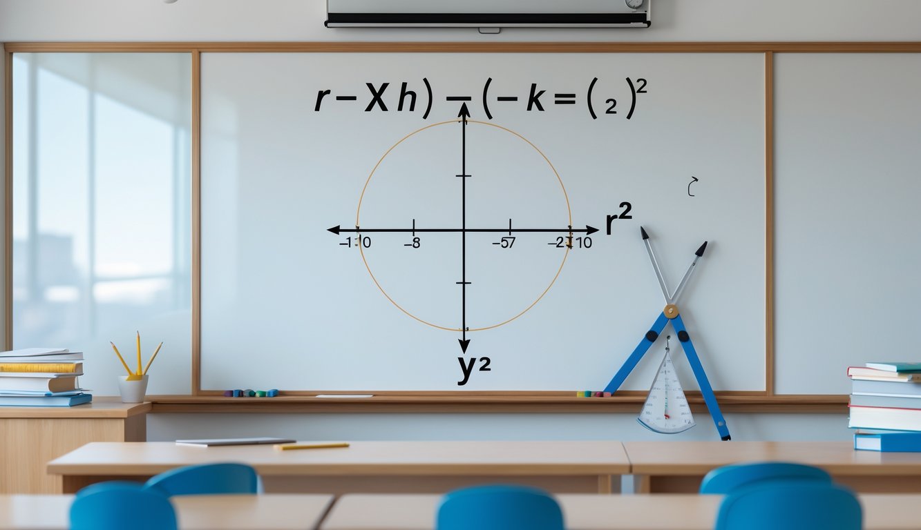 Učionica s pločom na kojoj je nacrtana jednadžba kružnice i dijagram kružnice na koordinatnom sustavu.