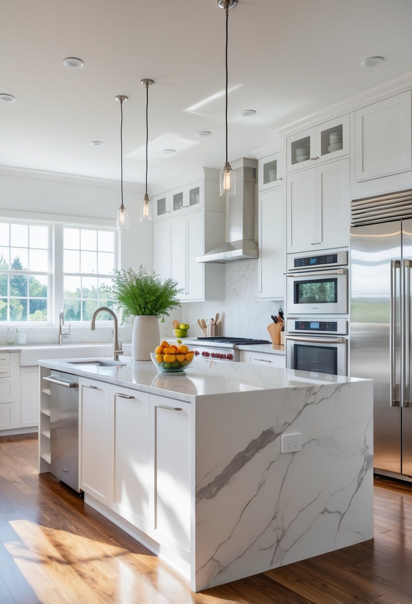 Kitchen Makeover Ideas 2026: 22 Inspiring Ways To Refresh Your Space 2 A bright modern kitchen with white cabinets, marble island, stainless steel appliances, and natural light coming through large windows.