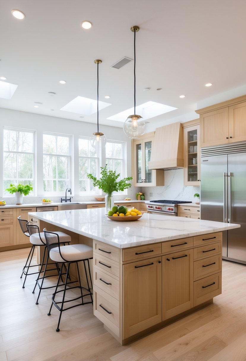 Kitchen Makeover Ideas 2026: 22 Inspiring Ways To Refresh Your Space 4 A modern kitchen with a large island featuring built-in storage, bar stools, and natural light coming through windows.