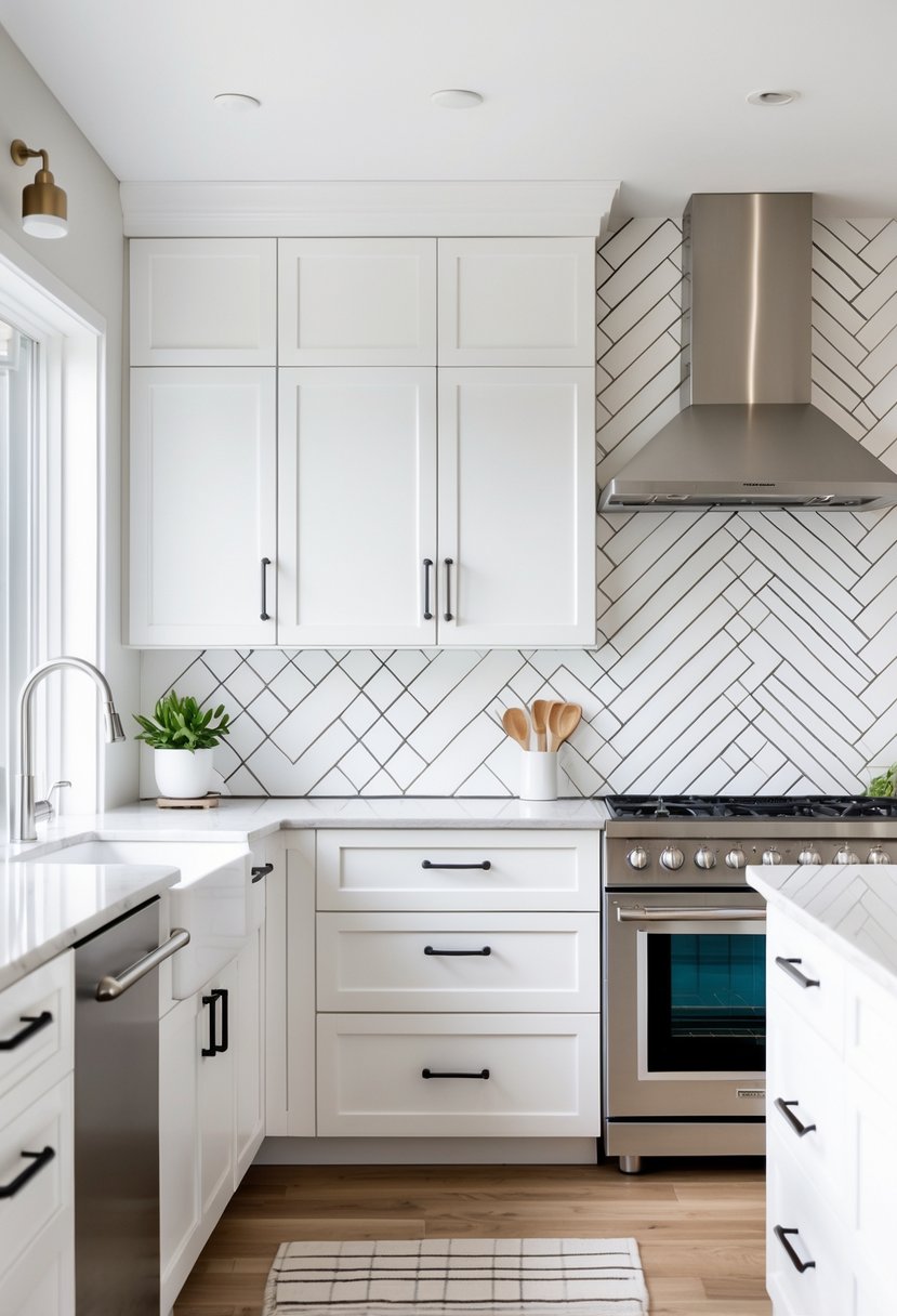 Kitchen Makeover Ideas 2026: 22 Inspiring Ways To Refresh Your Space 6 A modern kitchen with white cabinets, stainless steel appliances, and a subway tile backsplash arranged in a herringbone pattern.