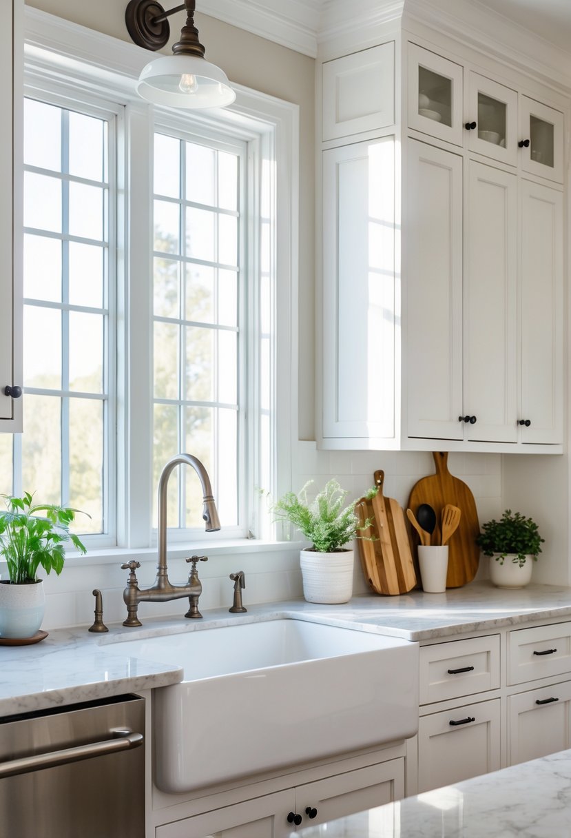 Kitchen Makeover Ideas 2026: 22 Inspiring Ways To Refresh Your Space 10 A kitchen with a large white farmhouse sink under a window, white cabinets, and marble countertops.