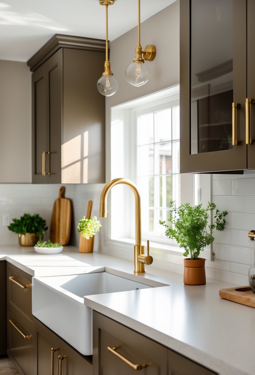 Kitchen Makeover Ideas 2026: 22 Inspiring Ways To Refresh Your Space 11 A modern kitchen with brass fixtures on cabinets and a brass faucet over a white sink, with natural light and kitchenware arranged neatly.