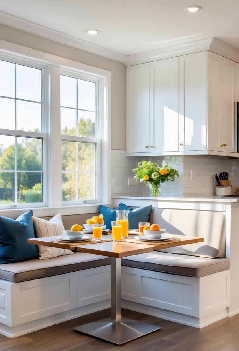 Kitchen Makeover Ideas 2026: 22 Inspiring Ways To Refresh Your Space 12 A breakfast nook with built-in bench seating around a wooden table set for breakfast in a bright kitchen with large windows.