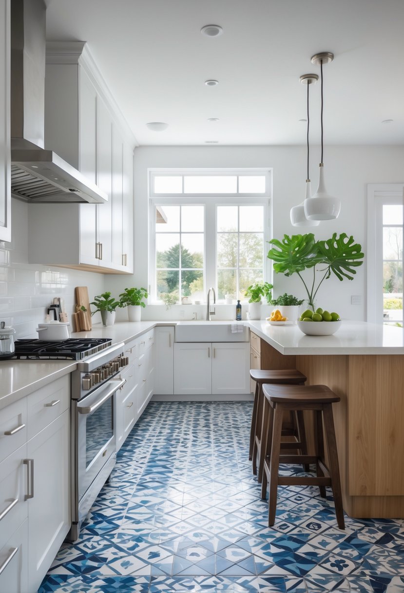 Kitchen Makeover Ideas 2026: 22 Inspiring Ways To Refresh Your Space 14 A modern kitchen with patterned floor tiles, white cabinets, a wooden island, and natural light coming through large windows.