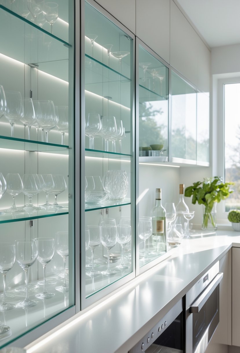 Kitchen Makeover Ideas 2026: 22 Inspiring Ways To Refresh Your Space 16 A modern kitchen with glass-front cabinets displaying glassware and natural light coming through a window.