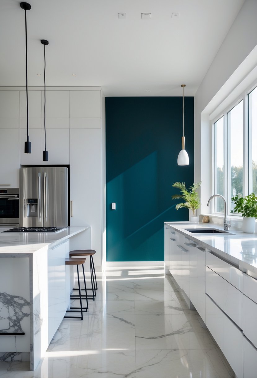 Kitchen Makeover Ideas 2026: 22 Inspiring Ways To Refresh Your Space 17 A bright kitchen with a bold navy or emerald accent wall, white cabinets, stainless steel appliances, and a central island with bar stools.