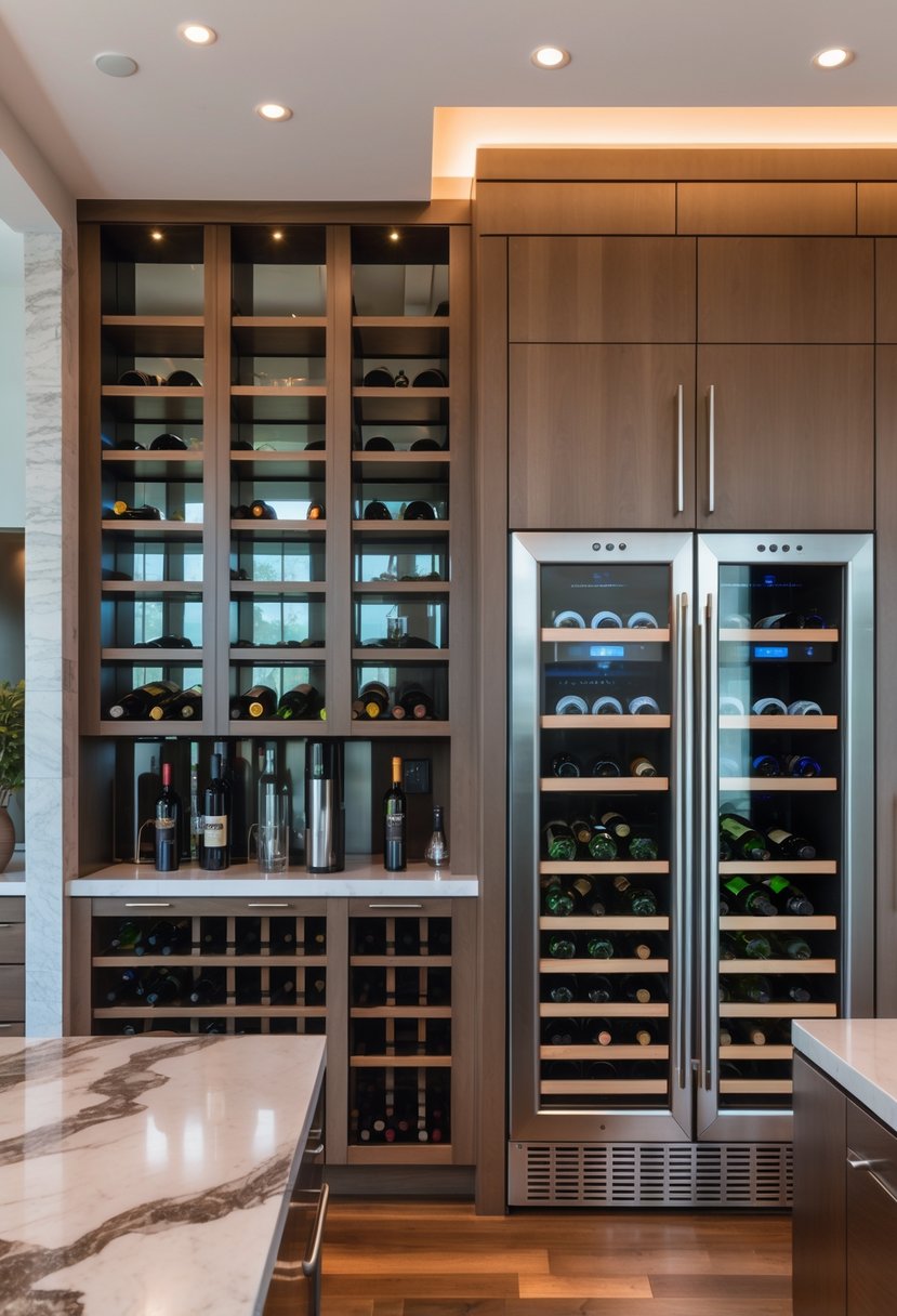 Kitchen Makeover Ideas 2026: 22 Inspiring Ways To Refresh Your Space 19 A modern kitchen with a built-in wine rack and a built-in wine cooler next to a marble island and stainless steel appliances.