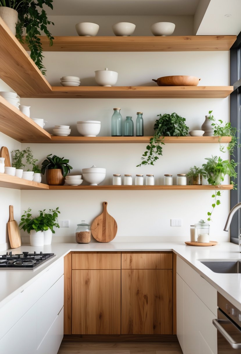 Kitchen Makeover Ideas 2026: 22 Inspiring Ways To Refresh Your Space 20 A bright kitchen with open wooden shelves displaying dishes and plants, natural light filling the space.