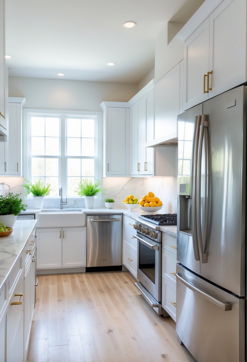 Kitchen Makeover Ideas 2026: 22 Inspiring Ways To Refresh Your Space 21 A modern kitchen with stainless steel appliances, white cabinets, marble countertops, and natural light from large windows.