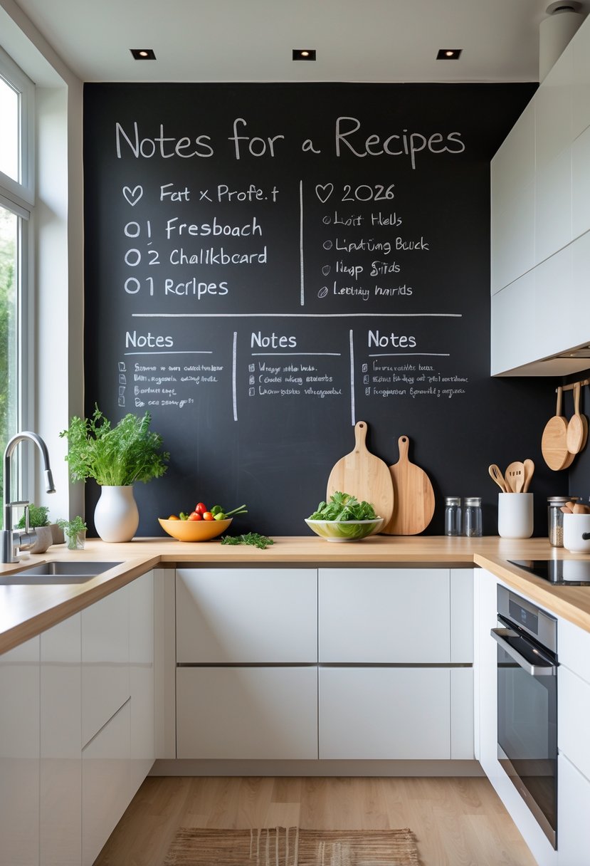 Kitchen Makeover Ideas 2026: 22 Inspiring Ways To Refresh Your Space 22 A bright modern kitchen with a large blank chalkboard wall, wooden countertops, white cabinets, and fresh herbs on the counter.