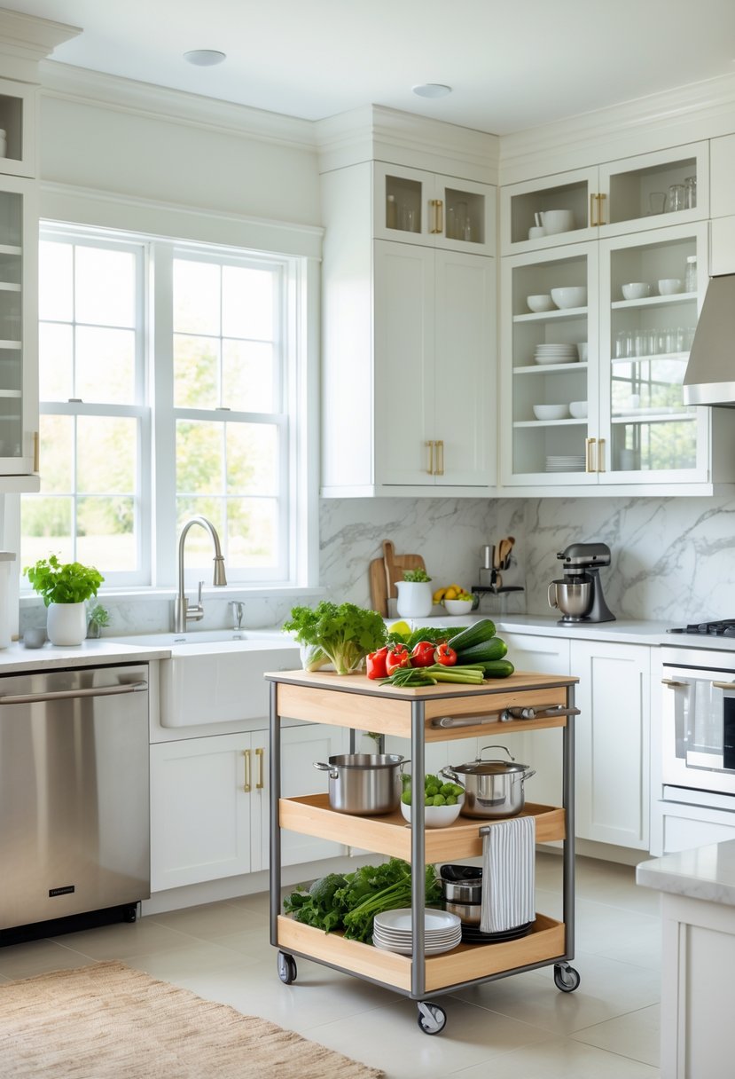 Kitchen Makeover Ideas 2026: 22 Inspiring Ways To Refresh Your Space 23 A modern kitchen with a rolling kitchen cart next to a countertop, filled with cooking items and fresh vegetables.