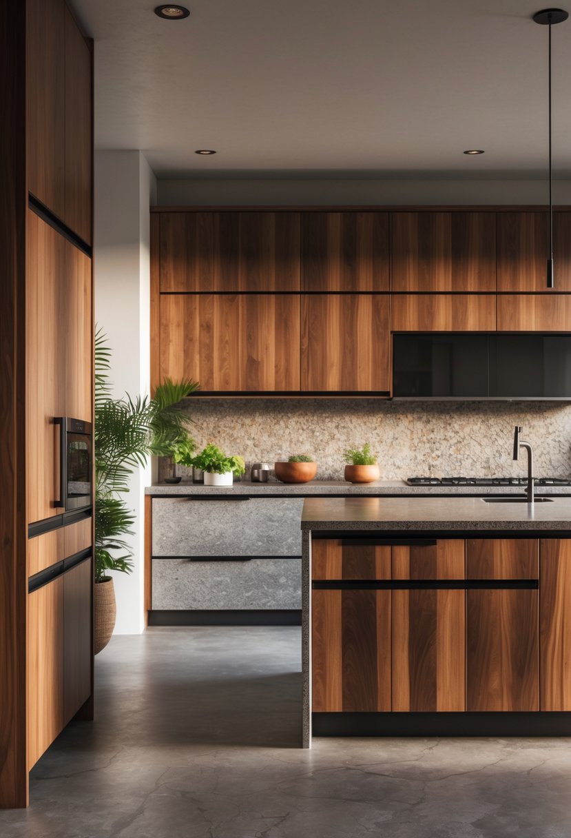 Kitchen Makeover Ideas 2026: 22 Inspiring Ways To Refresh Your Space 24 A modern kitchen with wooden cabinets, metal appliances, and stone countertops and backsplash.