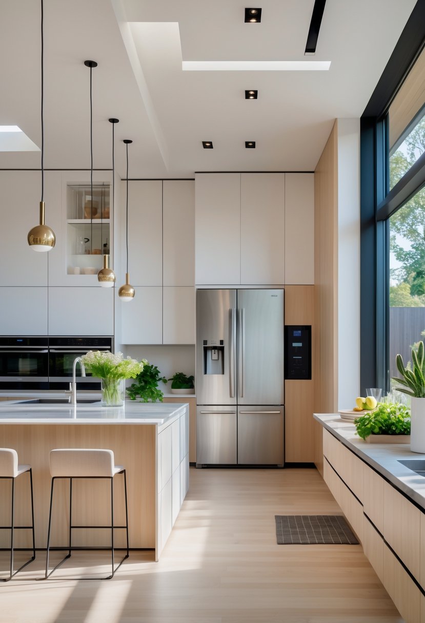 Kitchen Makeover Ideas 2026: 22 Inspiring Ways To Refresh Your Space 25 A modern kitchen with a large island, white and wood cabinetry, stainless steel appliances, and natural light coming through large windows.