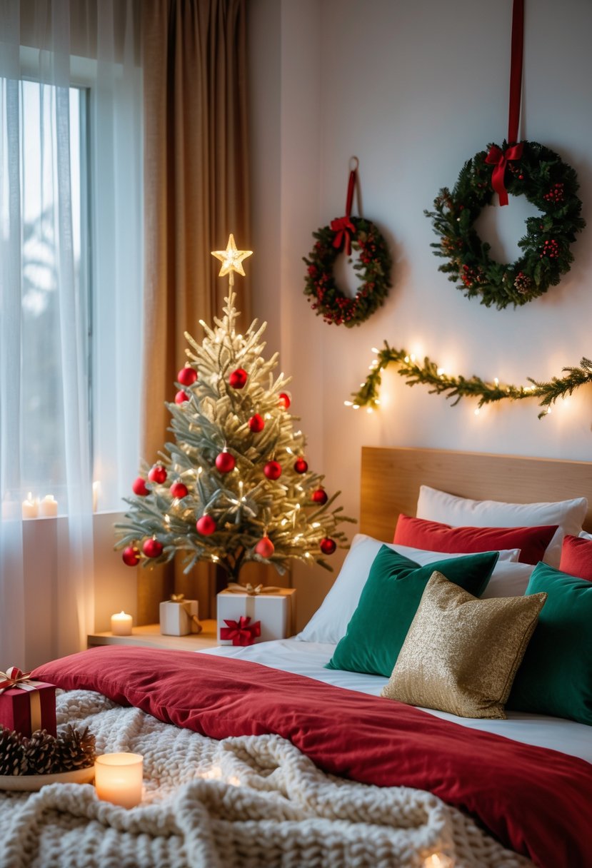 Christmas Bedroom Decor Ideas 2025: 22 Stylish Ways to Create a Cozy Holiday Retreat 2 A bedroom decorated for Christmas with a small Christmas tree, festive bedding, fairy lights, and holiday decorations.