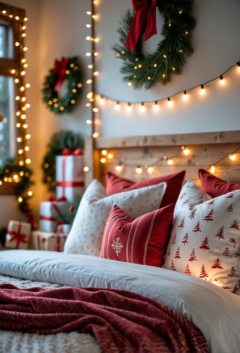 Christmas Bedroom Decor Ideas 2025: 22 Stylish Ways to Create a Cozy Holiday Retreat 3 A bedroom with a wooden headboard decorated with twinkling string lights and festive Christmas decorations.