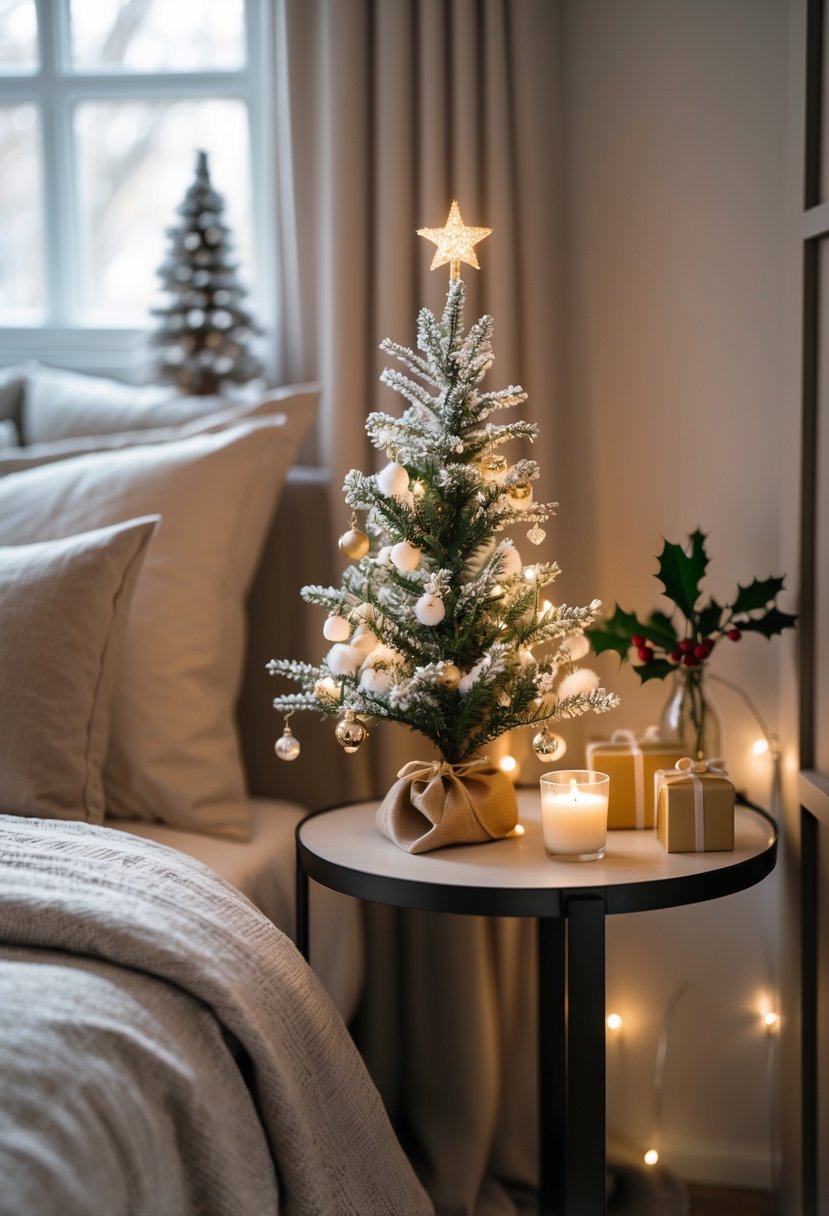 Christmas Bedroom Decor Ideas 2025: 22 Stylish Ways to Create a Cozy Holiday Retreat 4 A small decorated Christmas tree on a bedside table next to a bed in a cozy bedroom.