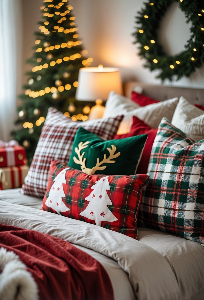 Christmas Bedroom Decor Ideas 2025: 22 Stylish Ways to Create a Cozy Holiday Retreat 5 A bedroom with a bed decorated with festive holiday throw pillows and Christmas decorations in the background.