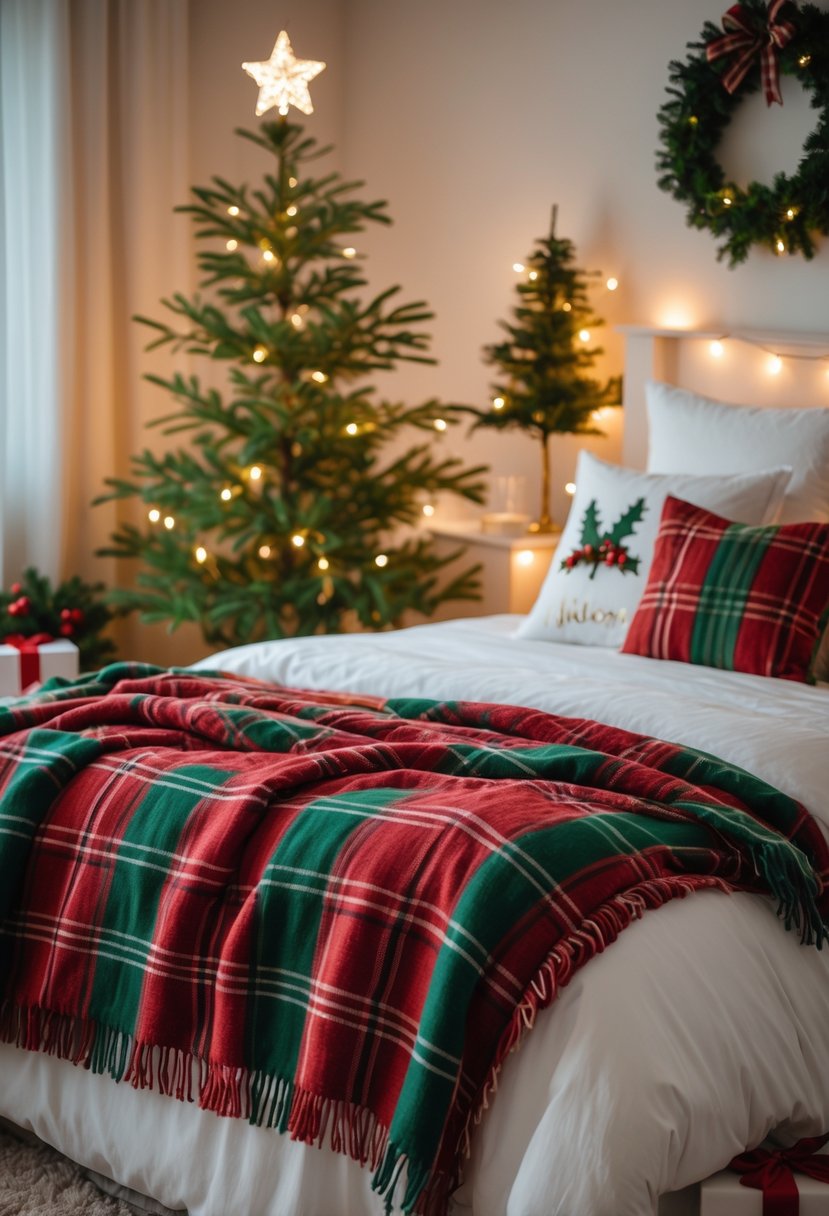 Christmas Bedroom Decor Ideas 2025: 22 Stylish Ways to Create a Cozy Holiday Retreat 6 A bedroom with a red and green plaid throw blanket on the bed, decorated for Christmas with a small tree, string lights, and presents.