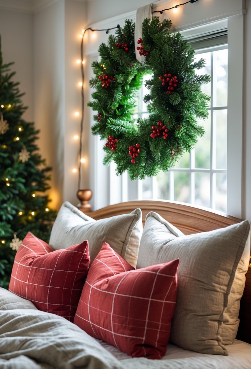 Christmas Bedroom Decor Ideas 2025: 22 Stylish Ways to Create a Cozy Holiday Retreat 7 A bedroom with a green Christmas wreath hung above the wooden bed frame, decorated for the holiday season.