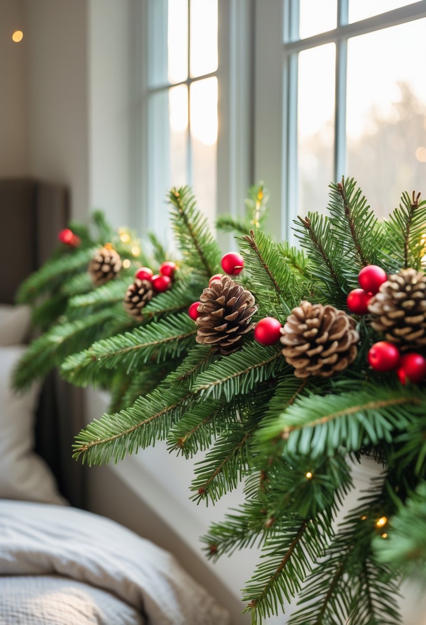 Christmas Bedroom Decor Ideas 2025: 22 Stylish Ways to Create a Cozy Holiday Retreat 8 Window sill decorated with a pinecone and berry garland in a bedroom with a bed in the background.