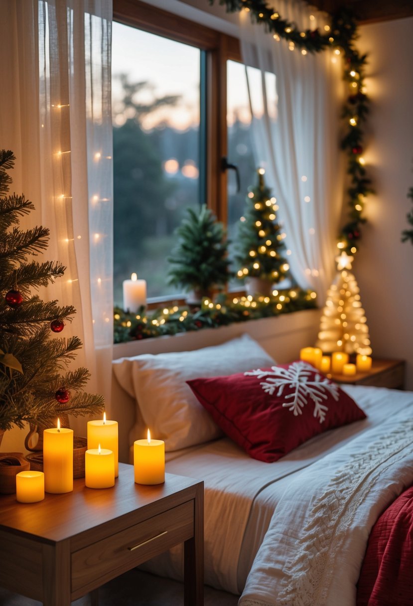 Christmas Bedroom Decor Ideas 2025: 22 Stylish Ways to Create a Cozy Holiday Retreat 10 A bedroom decorated for Christmas with battery-operated candles glowing on a bedside table and windowsill, featuring a small Christmas tree and festive bedding.