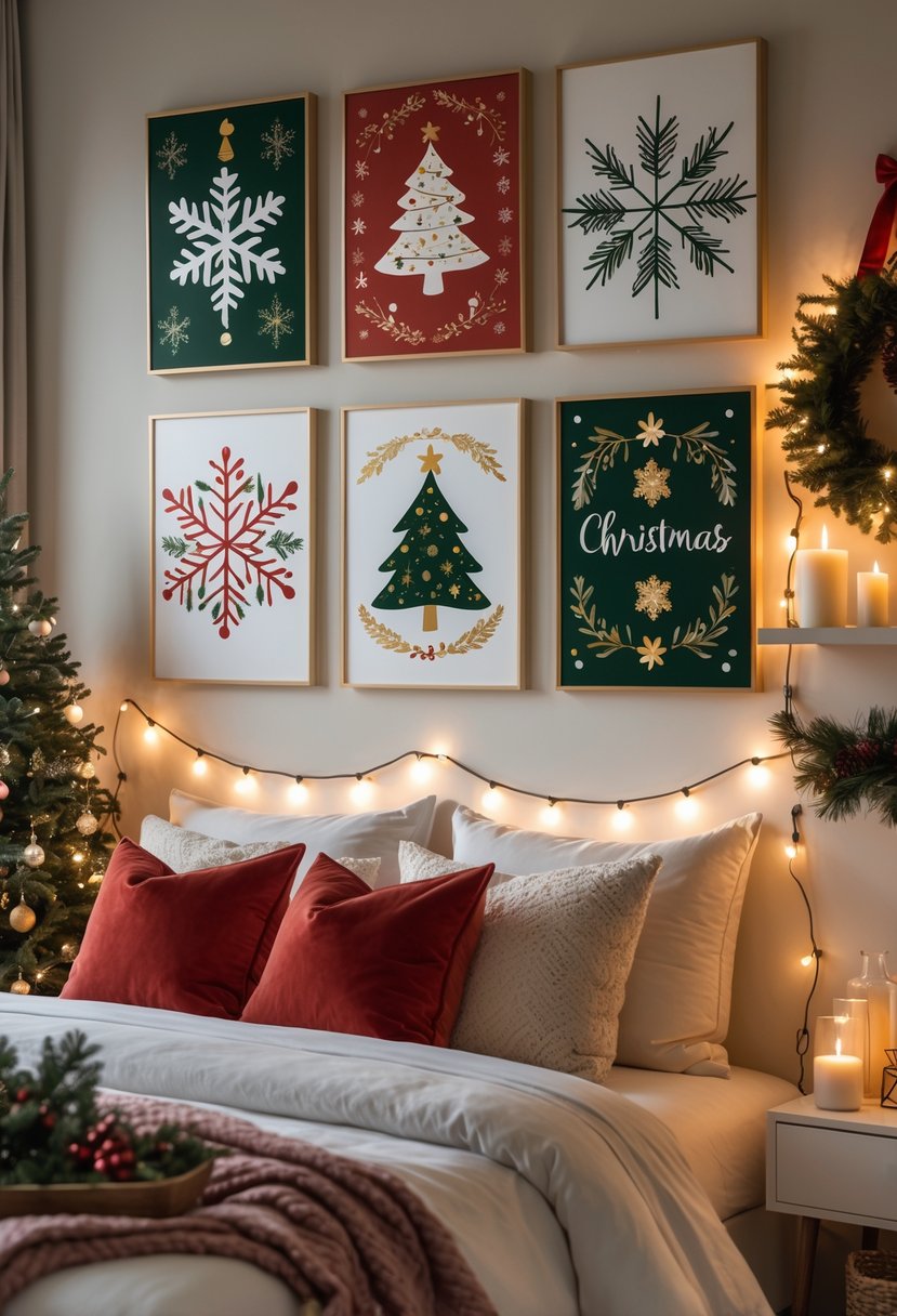 Christmas Bedroom Decor Ideas 2025: 22 Stylish Ways to Create a Cozy Holiday Retreat 11 A bedroom decorated for Christmas with festive wall art above the bed, holiday pillows, string lights, and seasonal decorations creating a warm and cozy atmosphere.