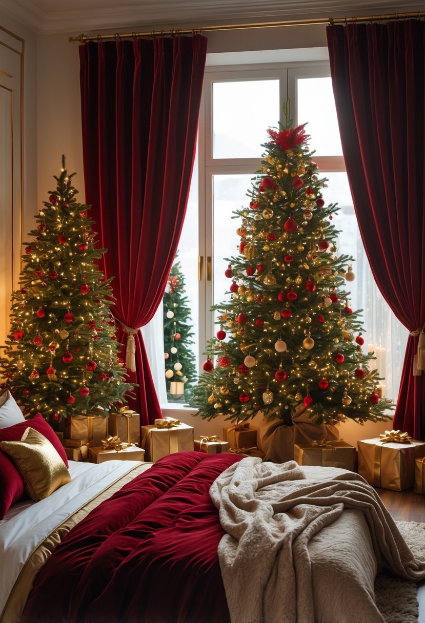 Christmas Bedroom Decor Ideas 2025: 22 Stylish Ways to Create a Cozy Holiday Retreat 12 A cozy bedroom decorated for Christmas with red velvet curtains with gold accents, a decorated Christmas tree, and festive holiday decorations.