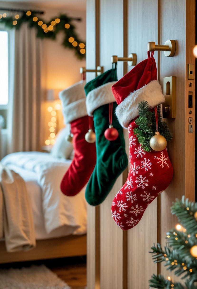 Christmas Bedroom Decor Ideas 2025: 22 Stylish Ways to Create a Cozy Holiday Retreat 13 Stockings hanging on bedroom door handles with Christmas decorations in the background.