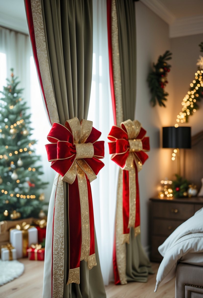 Christmas Bedroom Decor Ideas 2025: 22 Stylish Ways to Create a Cozy Holiday Retreat 14 A bedroom with curtains tied back by decorative bows and Christmas decorations visible in the background.