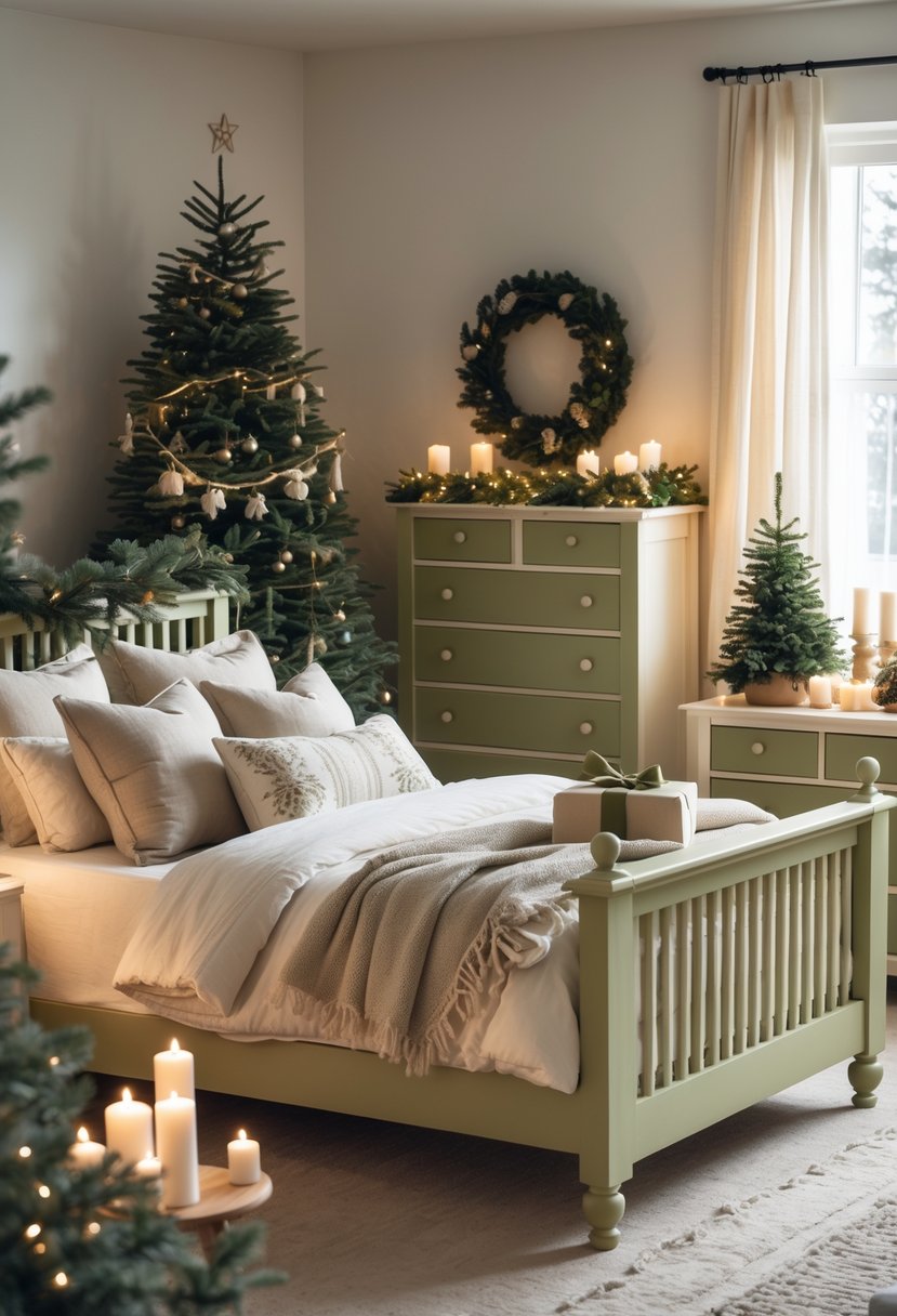 Christmas Bedroom Decor Ideas 2025: 22 Stylish Ways to Create a Cozy Holiday Retreat 15 A bedroom decorated for Christmas with olive green and cream painted furniture, a bed with festive pillows, and holiday decorations including garlands and a small Christmas tree.