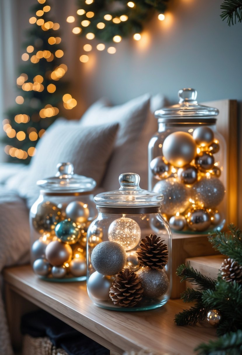 Christmas Bedroom Decor Ideas 2025: 22 Stylish Ways to Create a Cozy Holiday Retreat 16 Glass jars filled with Christmas ornaments arranged on shelves in a decorated bedroom.