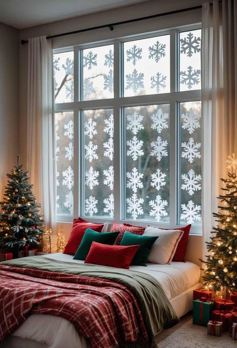 Christmas Bedroom Decor Ideas 2025: 22 Stylish Ways to Create a Cozy Holiday Retreat 17 A bedroom with windows decorated with snowflake decals and Christmas decorations including a small tree and festive bedding.
