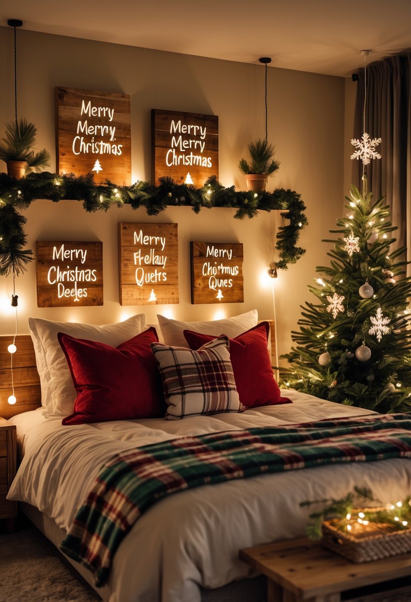 Christmas Bedroom Decor Ideas 2025: 22 Stylish Ways to Create a Cozy Holiday Retreat 18 A cozy bedroom decorated for Christmas with rustic wooden signs, a decorated Christmas tree, and warm holiday decorations.