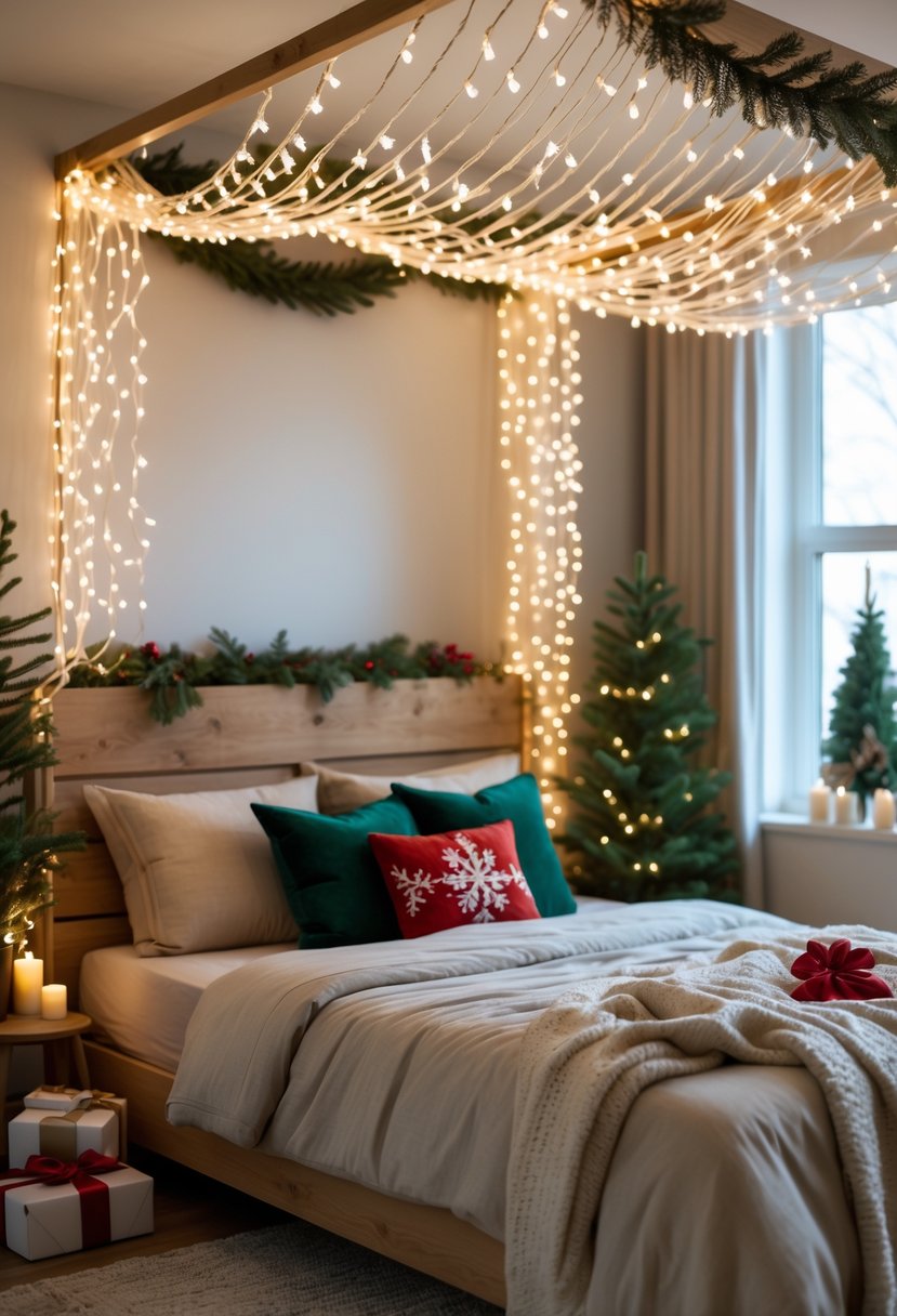 Christmas Bedroom Decor Ideas 2025: 22 Stylish Ways to Create a Cozy Holiday Retreat 19 A bedroom with a wooden headboard canopy decorated with warm white string lights and Christmas-themed pillows on the bed.