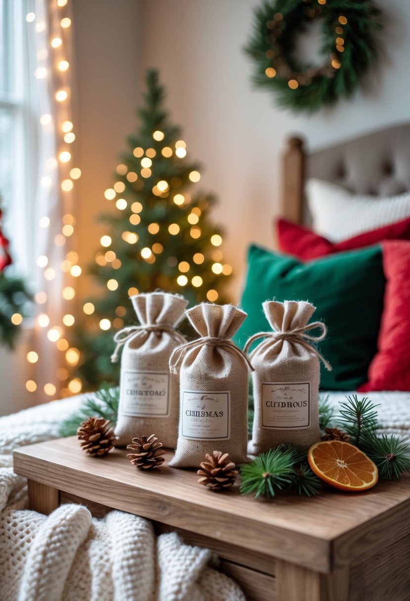 Christmas Bedroom Decor Ideas 2025: 22 Stylish Ways to Create a Cozy Holiday Retreat 20 A bedroom decorated for Christmas with cinnamon and pine scented sachets on a bedside table, warm lighting, and holiday decorations.