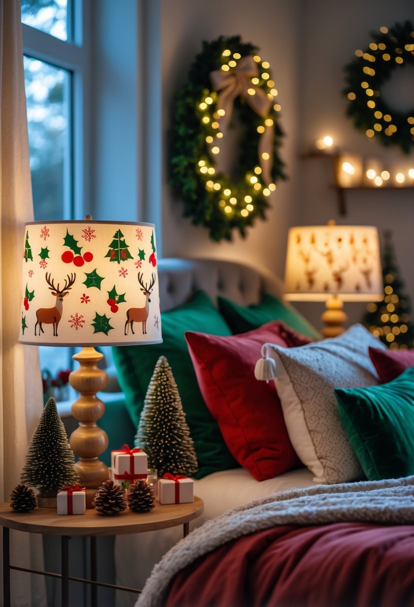 Christmas Bedroom Decor Ideas 2025: 22 Stylish Ways to Create a Cozy Holiday Retreat 21 A cozy bedroom with holiday-themed bedside lampshades glowing warmly, decorated with Christmas ornaments and festive bedding.