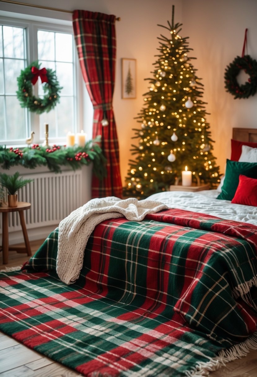Christmas Bedroom Decor Ideas 2025: 22 Stylish Ways to Create a Cozy Holiday Retreat 22 A bedroom decorated for Christmas with a plaid area rug in red and green, a made bed with festive pillows, a small nightstand with a candle, and a decorated Christmas tree in the background.