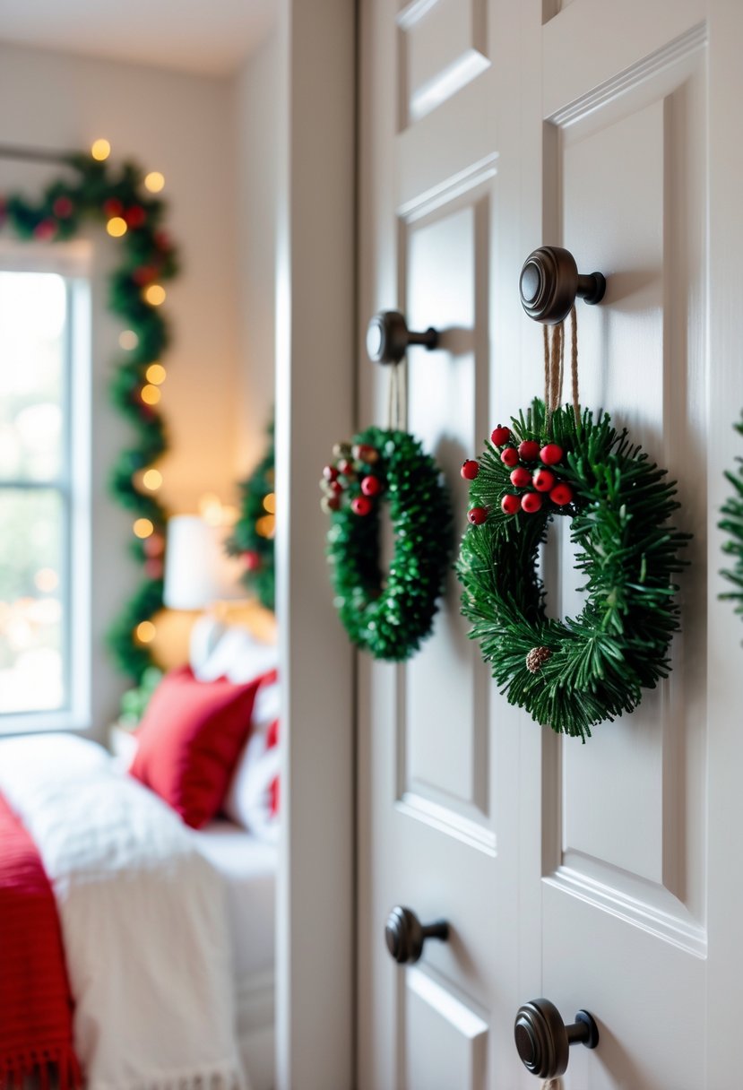 Christmas Bedroom Decor Ideas 2025: 22 Stylish Ways to Create a Cozy Holiday Retreat 23 Small Christmas wreaths hanging on closet knobs in a decorated bedroom with holiday accents.