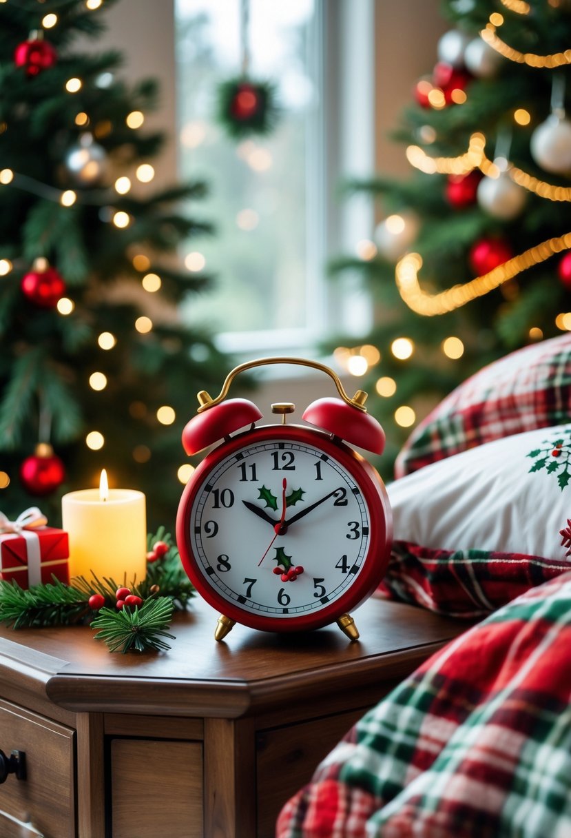 Christmas Bedroom Decor Ideas 2025: 22 Stylish Ways to Create a Cozy Holiday Retreat 24 A cozy bedroom decorated for Christmas with a festive alarm clock on a bedside table surrounded by holiday decorations and a Christmas tree in the background.
