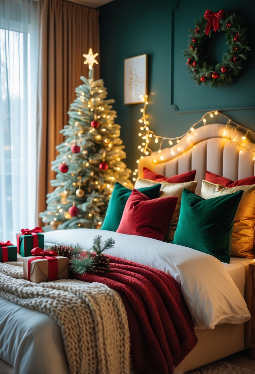 Christmas Bedroom Decor Ideas 2025: 22 Stylish Ways to Create a Cozy Holiday Retreat 25 A cozy bedroom decorated for Christmas with a bed, pillows, a small Christmas tree, and festive decorations in red, green, gold, and white colors.