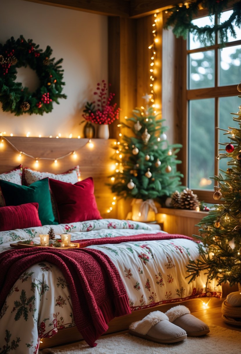 Christmas Bedroom Decor Ideas 2025: 22 Stylish Ways to Create a Cozy Holiday Retreat 26 A cozy bedroom decorated for Christmas with a small tree, festive pillows, fairy lights, and holiday greenery.
