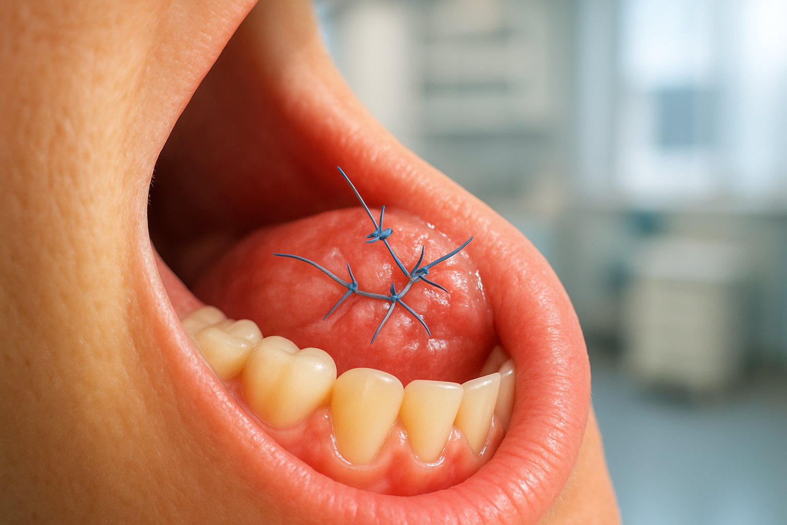 Close-up of dental sutures inside a patient's mouth during a dental procedure in a modern clinic.