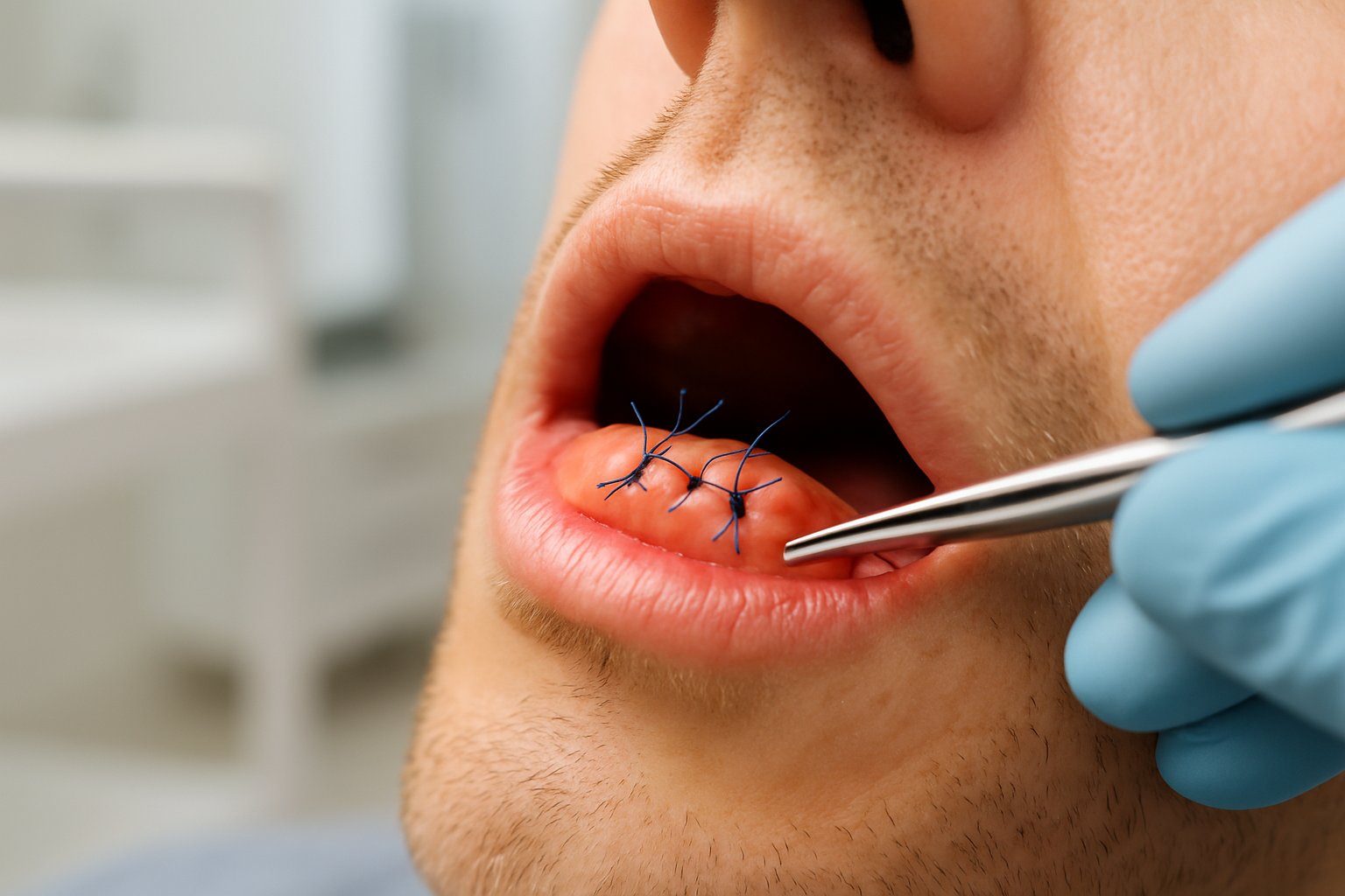 Close-up of a dental professional working on dental sutures inside a patient's mouth in a modern dental clinic.